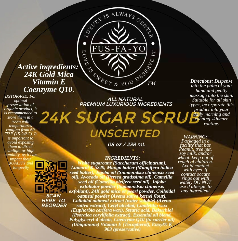 FUS-FÁ-YO 24-K Gold Sugar Scrub 12.oz (All natural infuse with 24K Gold Mica
,Vitamin E, & Coenzyme Q10)....